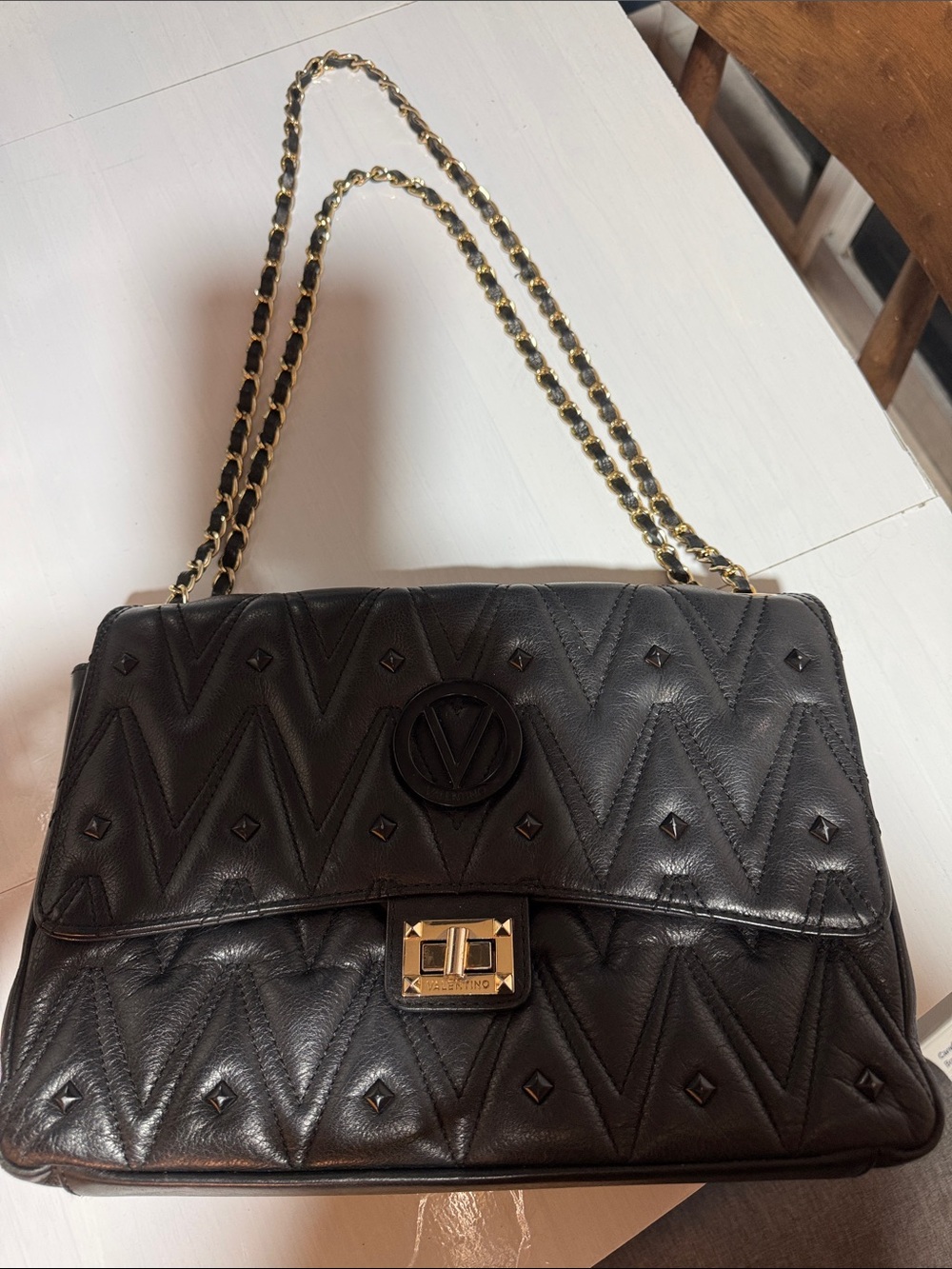 Valentino Black Quilted Leather Shoulder Bag with Gold Chain
